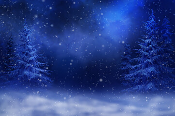 Fototapeta na wymiar Winter christmas new year background, tall beautiful fir trees, pine trees, blurred background, flying snow, night sky, blizzard, 3d rendering