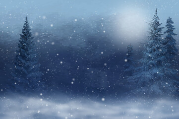 Winter christmas new year background, tall beautiful fir trees, pine trees, blurred background, flying snow, night sky, blizzard, 3d rendering