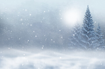 Winter christmas new year background, tall beautiful fir trees, pines, blurred background, flying snow, blizzard, 3d rendering
