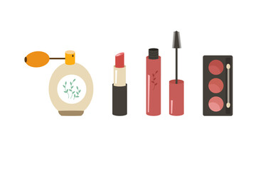 Women's decorative cosmetics set. Lipstick, shadows, blush, mascara, perfume. Isolated vector illustration. Clipart of items for personal care, applying makeup.