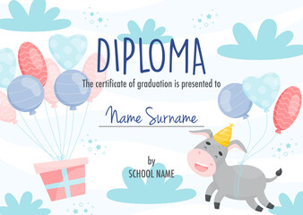 Diploma certificate concept template,  with cute cartoon donkey character with balloons.