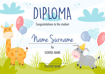 Obraz na płótnie Canvas Diploma certificate concept template, with cute cartoon donkey character with balloons.