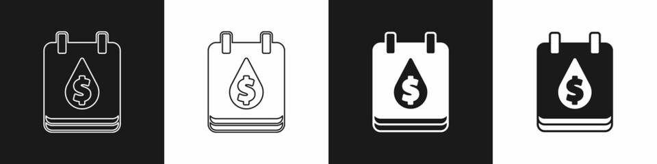 Set Oil drop with dollar symbol icon isolated on black and white background. Oil price. Oil and petroleum industry. Vector