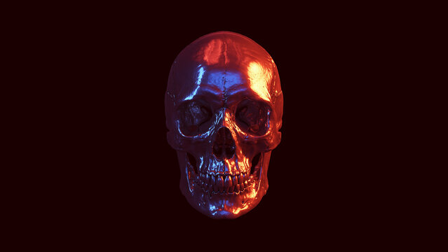 Skull Human Silver Reflection Blue Red Orange Light Sci Fi Halloween Skeleton Jaw 3d illustration render	