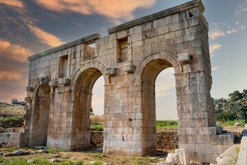 Fototapeta na wymiar Patara (Pttra). Ruins of the ancient Lycian city Patara, Ancient city entrance door. Patara was at the Lycia (Lycian) League's capital. Antalya, TURKEY