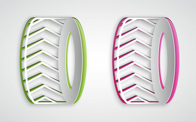 Paper cut Car tire wheel icon isolated on grey background. Paper art style. Vector