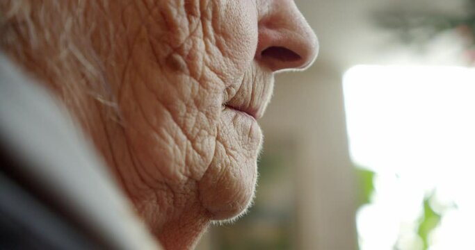 close-up of wrinkled face, grandmother's mouth doing chores, natural light, beautiful old age
