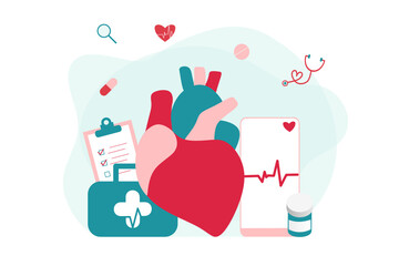 Modern heart medication, heart disease research concept. Cardiologist studying big heart model, drugs and heartbeat diagram. Vector illustration cardiovascular system, cholesterol, medical examination