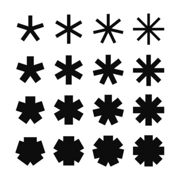 Vector set of simple black squared stars symbols. From five point to eight point square stars icon collection