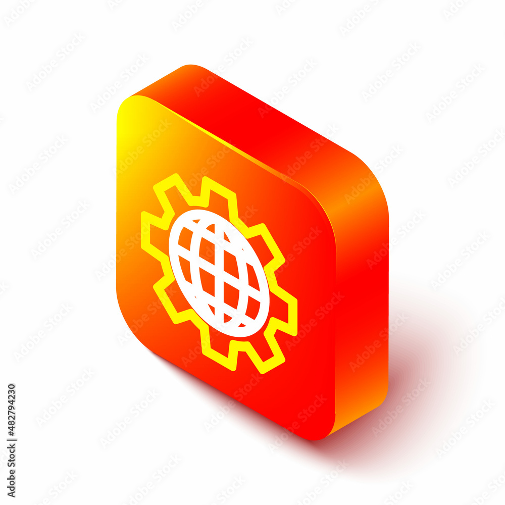 Poster isometric line globe of the earth and gear or cog icon isolated on white background. setting paramet