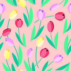 Vector bright seamless pattern with scattered red, pink, yellow tulip flowers. Spring holiday texture for wrapping paper, textile, greeting card, mother's, women's or Valentine's Day