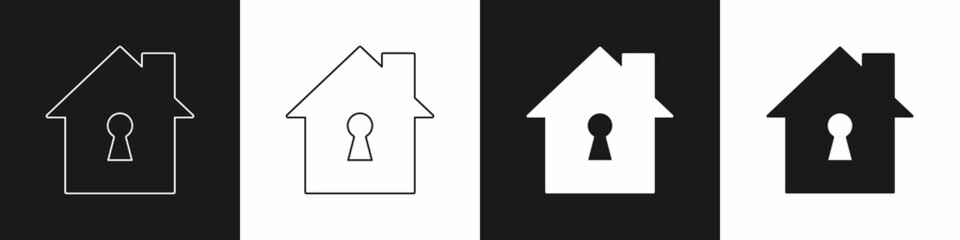 Set House under protection icon isolated on black and white background. Home and shield. Protection, safety, security, protect, defense concept. Vector