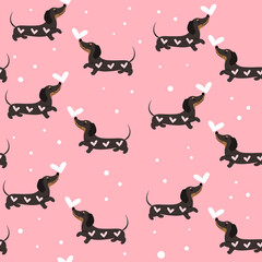 Dachshund dogs  and hearts seamless pattern on a pink background. Valentines day. Vector illustration