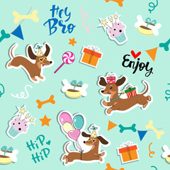Dachshund dogs and birthday items seamless pattern on a blue background. Vector cartoon illustration