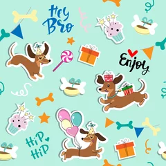 Muurstickers Speelgoed Teckelhonden en verjaardagsitems naadloos patroon op een blauwe achtergrond. Cartoon vectorillustratie