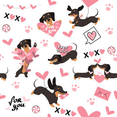 Dachshund dogs in love and hearts seamless pattern for valentine's day. Vector illustration