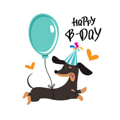 Dachshund in a hot air balloon and the inscription Happy Birthday. Vector cartoon illustration. greeting card