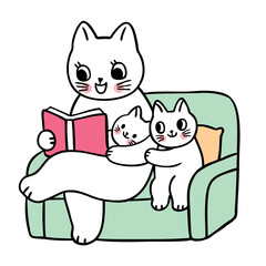 Cartoon cute mother and baby cat reading book vector.