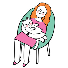 Cartoon cute work from home woman and cat vector.