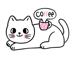 Cartoon cute cat and coffee cup vector.