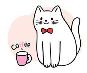 Cartoon cute cat and coffee cup vector.