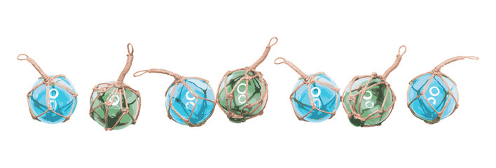 Glass fishing net round buoys. Many of glass spheres with ropes isolated on white background. Scandinavian traditional decor. Vector EPS 10 © Lianna Art