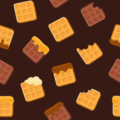 Waffles Seamless Pattern on Chocolate Background. Vector