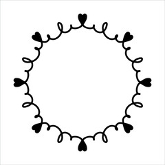 Vector hand drawn frame with hearts isolated on white background. Silhouette wreath of hearts. Doodle style frames for monograms, Valentine's Day greeting cards, invitations, logos.