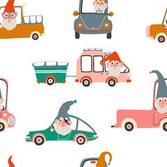 Obraz na płótnie Canvas Seamless pattern with garden gnomes in cars. Cartoon childish background. Vector illustration in scandinavian style. Fabric texture.