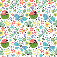 Seamless background with flowers, butterflies, dragonflies and ladybugs.