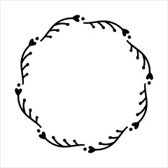 Vector hand drawn frame with hearts isolated on white background. Silhouette wreath of hearts. Doodle style frames for monograms, Valentine's Day greeting cards, invitations, logos.