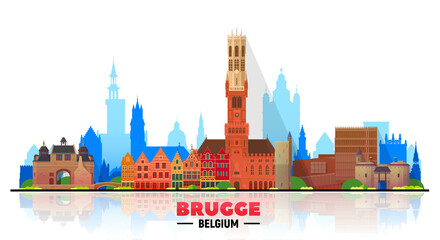 Obraz premium Bruges ( Brugge ) Belgium skyline with panorama at white background. Vector Illustration. Business travel and tourism concept with modern buildings. Image for banner or website.