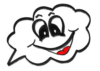 Speech bubble with happy face and smiley drawn in black color on white isolated background. Smile cute cloud with emoji