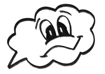 Speech bubble with sad face and smiley drawn in black color on white isolated background. Upset cloud with emoji.