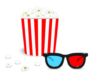 Popcorn and 3d glasses isolated on a white background