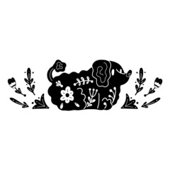 Vector monochrome postcard with a dog and a floral pattern. Stylized silhouette of poodle with folk art. Clipart with black stylized purebred puppy and boho decoration.