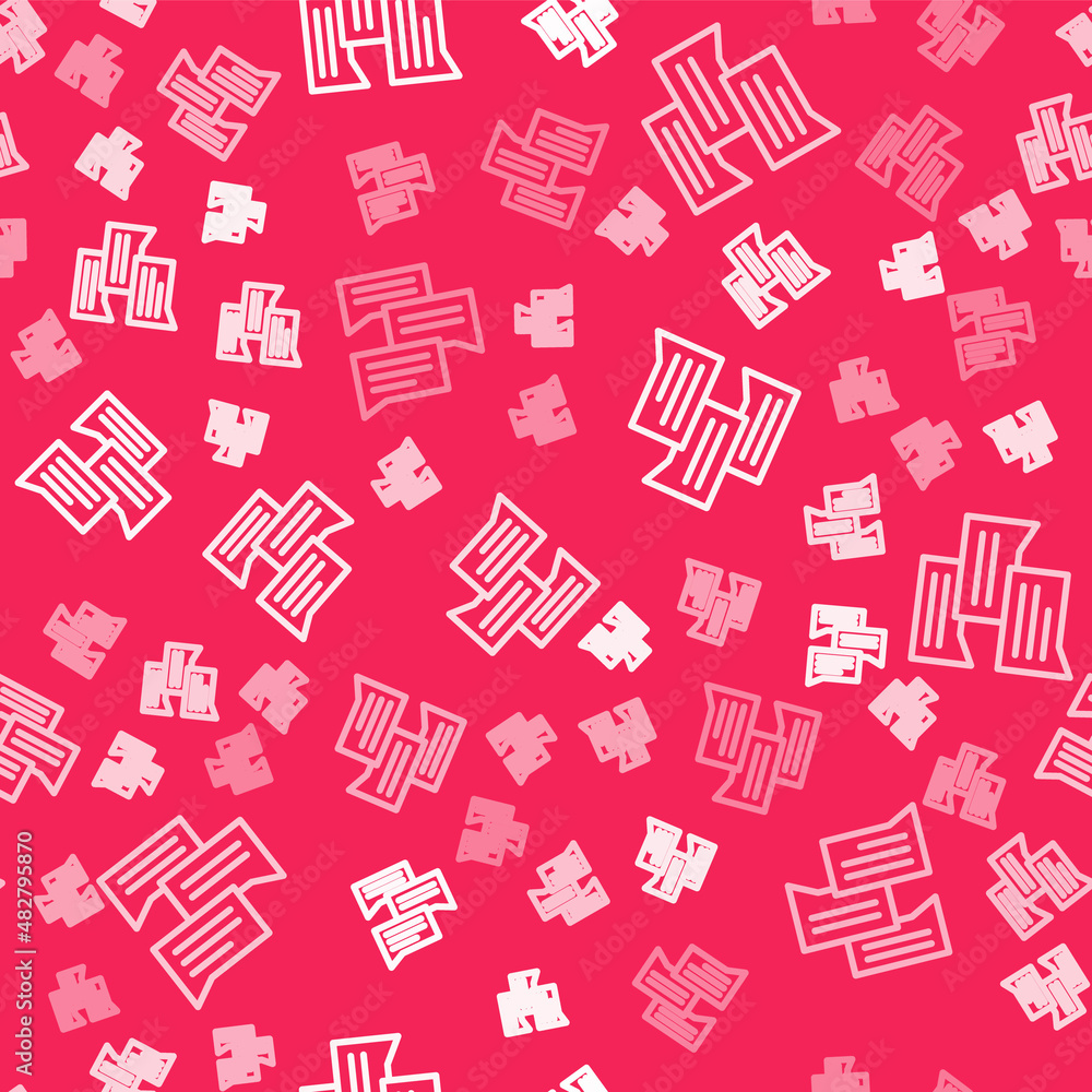 Poster White line Speech bubble chat icon isolated seamless pattern on red background. Message icon. Communication or comment chat symbol. Vector
