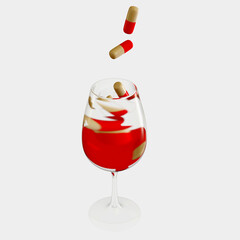one wine glass full of  pills (3d render)
