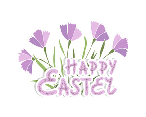Happy Easter sticker lettering, pink flowers, letters with spring twigs and flowers. Isolated, white background. Vector illustration