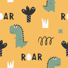 Cute seamless pattern with varied dinosaurs. Creative childish background for fabric.