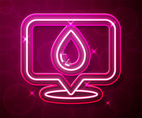 Glowing neon line Water drop with location icon isolated on red background. Vector