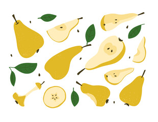 Set with pear and pears slices. Hand drawn elements fruits core and half of pear. doodle, simple. Flat packaging. Vector