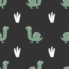 Cute seamless pattern with varied dinosaurs. Creative childish background for fabric.