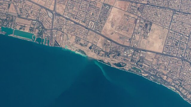 Jeddah Corniche race circuit layout animated path track in Saudi Arabia. Satellite view from space animation based on image by Nasa