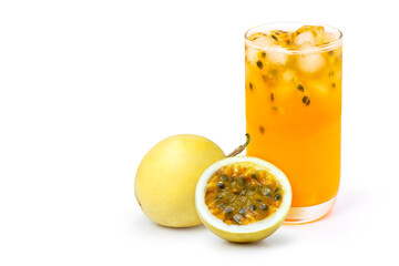 Glass of passionfruit juice with yellow passion fruit half sliced (maracuya) isolated on white...