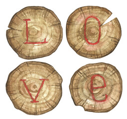 Watercolor illustration of wooden saw cuts with the word LOVE.