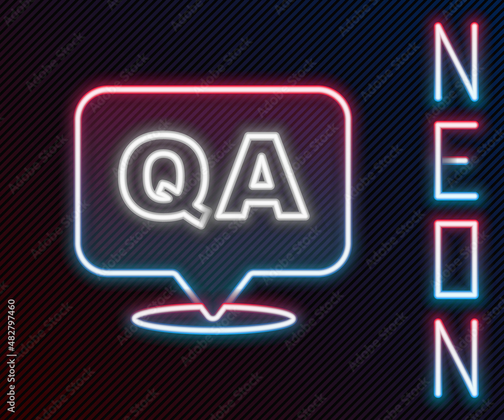 Poster glowing neon line speech bubbles with question and answer icon isolated on black background. q and a