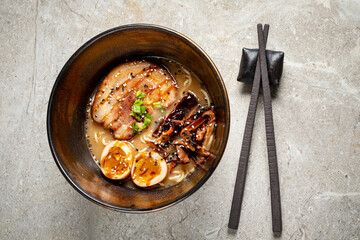Ramen noodle bowl with pork meat and vegetables, japan traditional lunch