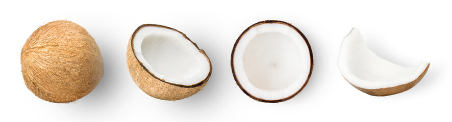 Collection of coconut fruit and slices isolated on white background. Top view. Flat lay.