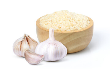 garlic  and garlic powder on a white background